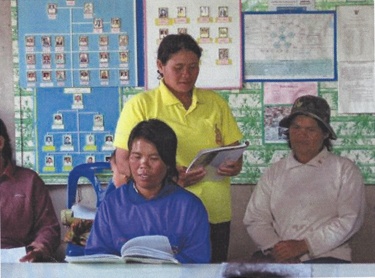 At village meeting, villagers bring their notebooks and share their learning.